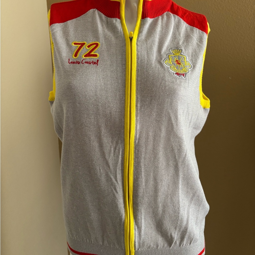 Louis Castel Grey Sleeveless Zip Vest with Yellow Trim and Red Accents, Size M